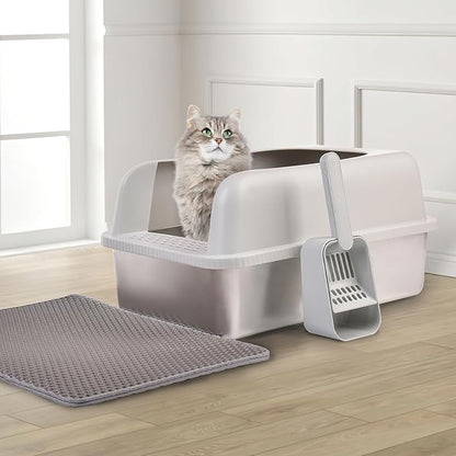 Henkelion Stainless Steel Cat Litter Box with Lid, 24" L x 16" W x 11.8" H, Extra Large Litter Box for Big Cats with High Sided, Anti-Urine Leakage, Easy Cleaning, Include Cat Mat and Scoop