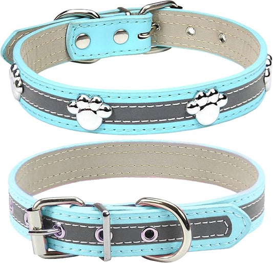 PETCARE Reflective Dog Collar with Cute Paw Rivet Studded Funny Soft PU Leather Adjustable Puppy Dog Collars for Small Medium Large Dogs Cats (Blue,XX-Large)