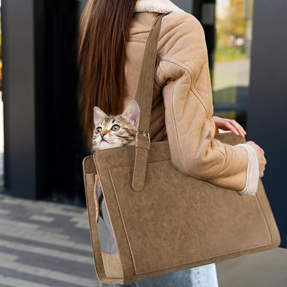 Stylish Pet Carrier Purse Leather Bag for Small Dogs Cats Puppy,Airline Approved Soft-Sided Carriers (Vintage Brown)