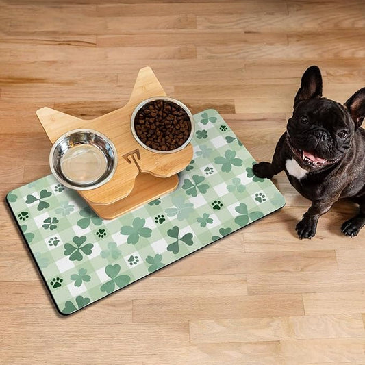 St Patricks Day Dog Food & Water Mat, Green Shamrocks Paw Prints Clover Pet Feeding Mat for Floor Non-Slip Waterproof, Super Absorbent Cat Bowl Mat, Easy to Clean Pet Placemat,12" × 20"