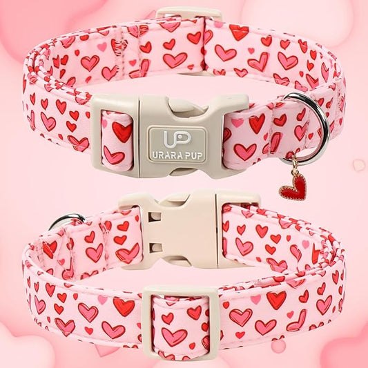 Valentine's Dog Collar, UP URARA PUP Pink Heart in Red Adjustable Pet Collar with Bowknot Charm, Wedding Dog Accessories for Small Medium Large Dogs