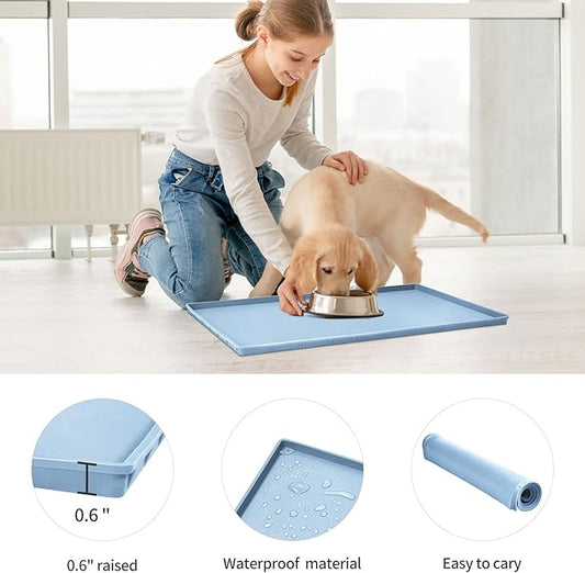 Dog Food Mat,Silicone Waterproof Food Tray,Non Slip Pet Bowl Mats Placemat,0.6" Raised Edge,Suitable for Most Small and Medium Sized Pets,18.5" x 11.5"