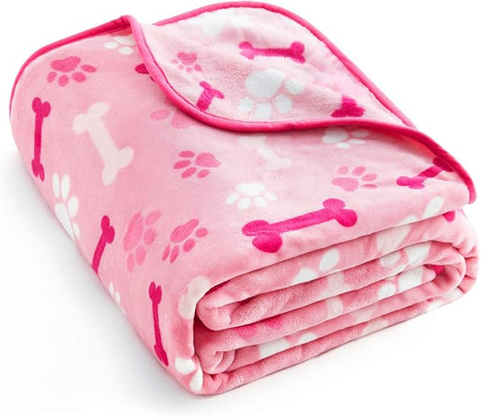 Allisandro Luxurious Dog Blanket, 350 GSM Super Fuzzy Microplush Fleece Pet Blankets for Small Medium Large Dogs and Cats, Pink Paw and Bone, 32" x 24"