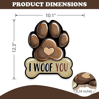 Dog Paw Prints Front Door Sign, I Woof You Bone Wood Hanger Outdoor Outside Porch Home Decor, Wooden Wreath Indoor Wall Hanging Decoration Pet Owner Lover Gift