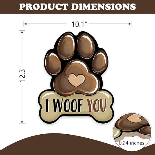Dog Paw Prints Front Door Sign, I Woof You Bone Wood Hanger Outdoor Outside Porch Home Decor, Wooden Wreath Indoor Wall Hanging Decoration Pet Owner Lover Gift