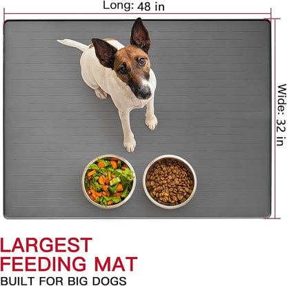 48" x 32" Largest Pet Food Mat, XXXL Silicone Dog Mats for Food and Water, Nonslip Pet Feeding Mats for Floors,Dog Cat Bowl Mat with Raised Edges, Gray Blue