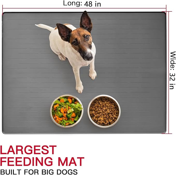 48" x 32" Largest Pet Food Mat, XXXL Silicone Dog Mats for Food and Water, Nonslip Pet Feeding Mats for Floors,Dog Cat Bowl Mat with Raised Edges, Gray White