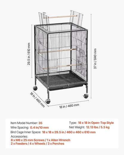 VEVOR Bird Cage, 18 x 18 x 30 inch, Open Flat Top, Wrought Iron Bird Flight Cage with Perches, Slide-Out Tray and Plastic Feeders, Casters, for Parrot, Blue Tit, Cockatiel, Canary, Budgerigar, Conure