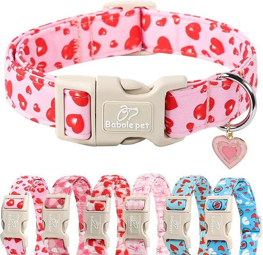 Valentines Dog Collar, Cute Pink Dog Collar with Red Heart Printed, Comfortable Girl Puppy Collar with Quick Release Plastic Buckle, Small