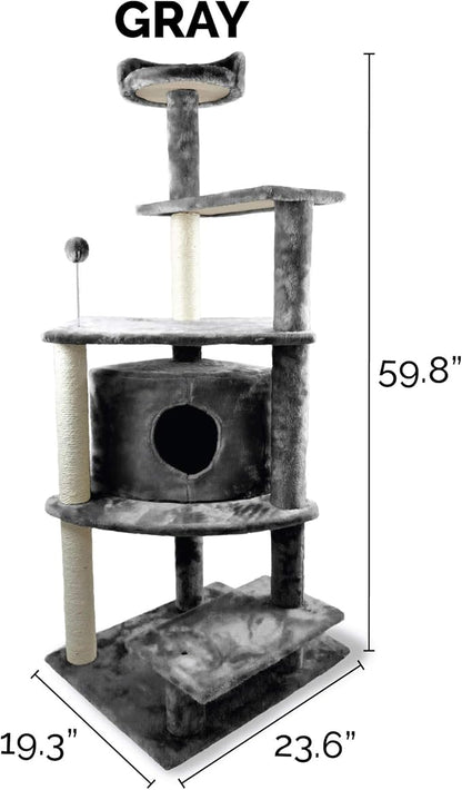 Furhaven 59.8" Tall Cat Tree for Indoor Cats, Ft. Sisal Scratching Posts, Condo, & Toys - Tiger Tough Platform House Interactive Playground Tower - Gray, One Size