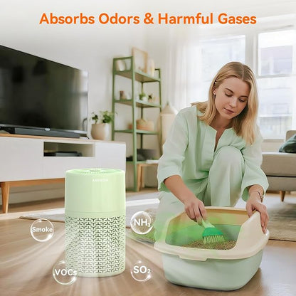 AIRROMI Pets Air Purifier for Home Allergies,Up to 660 ft². HEPA Deodorizing Activated Carbon Filter,With Fragrance Sponge for Better Sleep,Night Light,Pet Dander,Smoke,Odors,Air Cleaner A2002 Green
