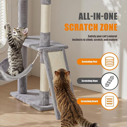 Sweetcrispy 63 inch Cat Tree Tower, Large Multi Level Cat Climbing Tower with Condo, Natural Sisal Scratching Posts, Extended Platform, Hammock, Pet House for Indoor Cats and Kittens Play, Grey