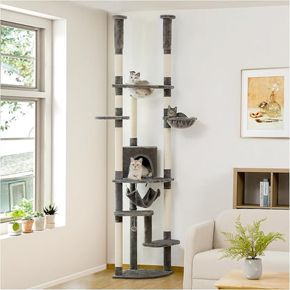 PETEPELA Floor to Ceiling Cat Tree, 92.9''-101.6''Height Adjustable Cat Tower Tall Cat Climbing Play House, Cozy Condo, Scratching Post and Spacious Hammock for Indoor Cats Large Adult, Gray