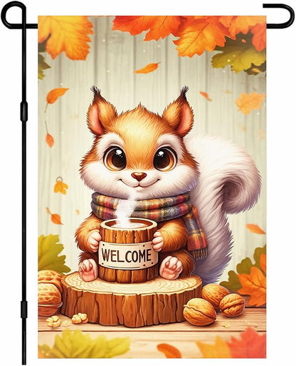 Fall Everyday Garden Flag 12x18 Inch Cute Red Squirrel with Hot Cocoa and Welcome Sign, Yard Flag Double Sided for Outdoor Fall Porch