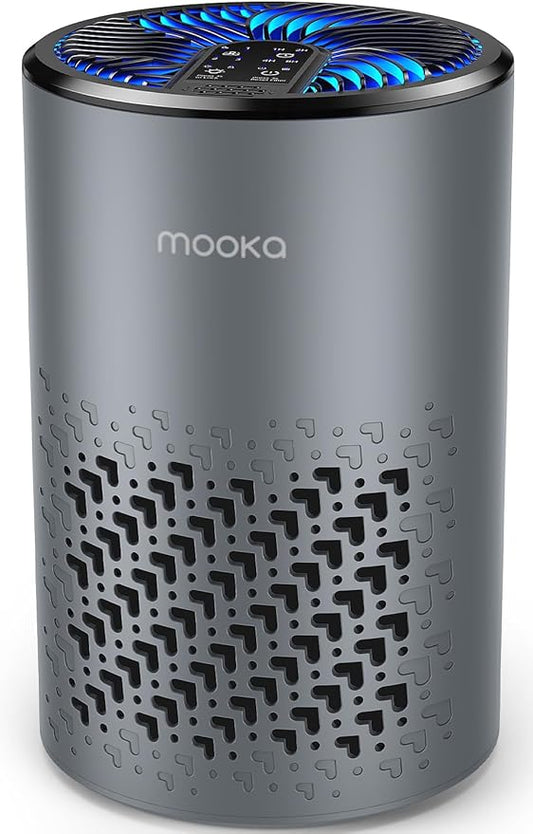 Air Purifiers for Bedroom Home, MOOKA HEPA Air Purifier for Home Pets with Fragrance Sponge for Smoke Dust Pollen Dander Odor, Small Air Cleaner with Sleep Mode Night Light Timer, KJ067L (Grey)