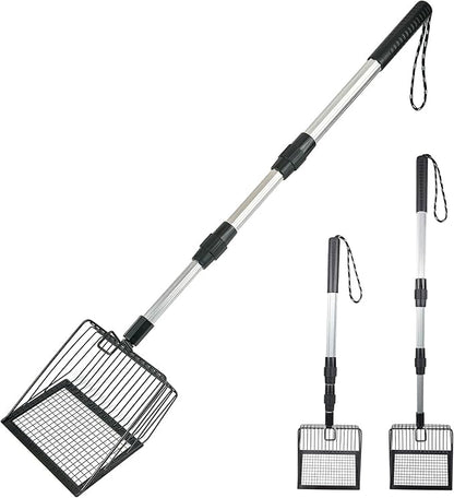Cat Litter Scoop with Extendable Long Handle, 22.2"-42.5" No Bending Back Metal Kitty Litter Scoop, Large Non-Stick Wide Flat Head Heavy Duty Cat Pooper Scooper