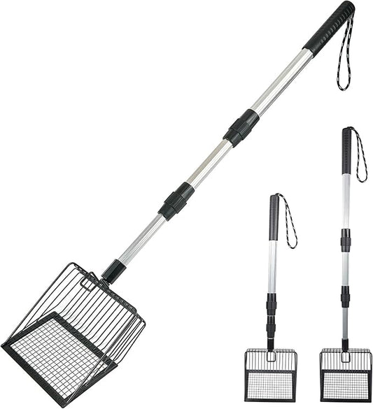 Cat Litter Scoop with Extendable Long Handle, 22.2"-42.5" No Bending Back Metal Kitty Litter Scoop, Large Non-Stick Wide Flat Head Heavy Duty Cat Pooper Scooper