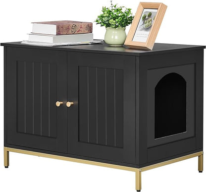 Homhedy Cat Litter Box Enclosure, Cat Washroom Furniture with Metal Frame, Pet House, Fit Most of Litter Box, Modern Style, Black and Gold