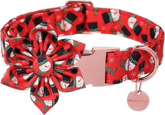Christmas Dog Collar with Flower, Christmas Flower Collar for Puppy Girl Boy Dog or Cat, Comfortable Dog Collar Flower with Durable Metal Buckle, Cute Pet Collar, M