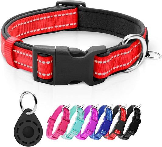 azuza Reflective Dog Collar with Airtag Holder, Soft Neoprene Padded Pet Collar with ID Tag Ring, Adjustable for Medium Dogs,Red,XS