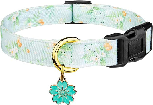 Cotton Handmade Dog Collar Cute and Distinctive Patterns Light Green Flower with Pendant for Girl Boy Dogs Collars L