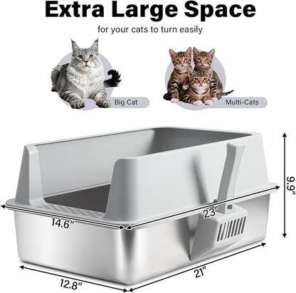 Stainless Steel Litter Box, XL Metal Litter Box with Lid, Extra Large Cat Litter Boxes for Big Cats with High Sides, Easy Cleaning, Non Stick, No Smell, Include Scoop and Mat