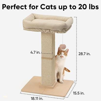 FUKUMARU Cat Scratching Post, Modern Style Tall Scratch Posts with Perch for Infoor Cats Adults, Large Cat Scratcher Tower with Bed, Small Tree with Raised Stand, Natural Sisal & Solid Wood