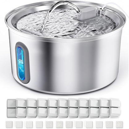 Cat Water Fountain Stainless Steel, 3.2L Cat Fountains for Drinking with Smart Quiet Pump and Water Level Window, Easy-to-Clean Automatic Pet Water Dispenser (3.2L Fountain with 12 Filters)