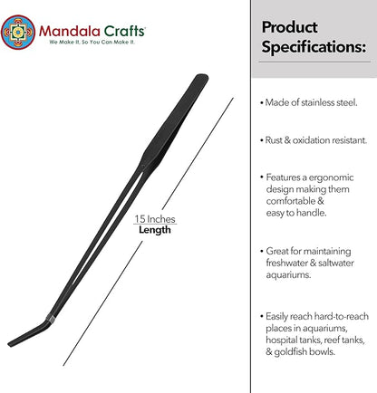 Mandala Crafts 15 Inches Black Stainless Steel Curved Aquarium Tweezers for Aquatic Plants – Long Aquascape Forceps for Fish Tanks, Hospital Tanks, Goldfish Bowls, and Terrariums