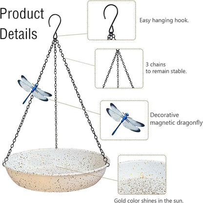 Hanging Metal White Birdbath with Gold spot 11 inches Wildbird Bird Feeder for Outdoor with Black Chains for Garden Yard Decor