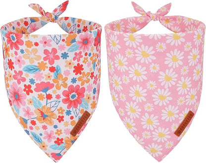 ADOGGYGO Floral Dog Bandana 2 Pack, Reversible Pink Daisy Puppy Scarf Bib, Adjustable Fit Cute Flower Bandanas for Small Dogs Pets (Small)