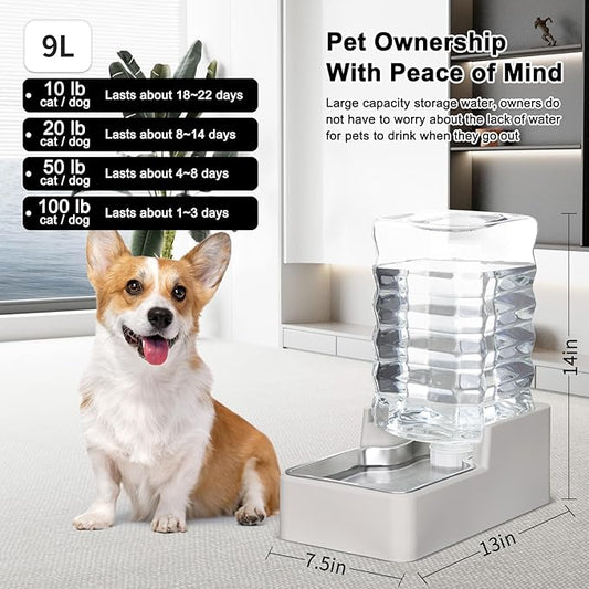 RIZZARI Stainless Steel Pet Water Feeder: 9L Gravity Leak-Proof Auto Refill Water Dispenser - 304 Stainless Steel Bowl - Hygienic & Rust-Resistant - No Filter - for 30-60 LB Dogs - Home/Office