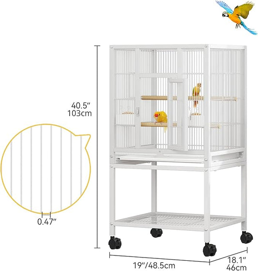 DWVO 41-inch Metal Bird Cage: Large Parrot Cages with Rolling Stand - Features Tray, Food Boxes & Wooden Perches for Parakeets, Lovebirds, Cockatiels, Finches and Pigeons, White