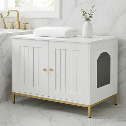Homhedy Cat Litter Box Enclosure, Cat Washroom Furniture with Metal Frame, Pet House, Fit Most of Litter Box, Modern Style, White and Gold