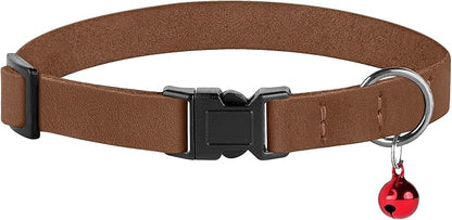 Muromto Breakaway Cat Collar Leather Soft Adjustable Pet Kitten Collars with Bell Pink Brown Blue Green Red (Cognac)