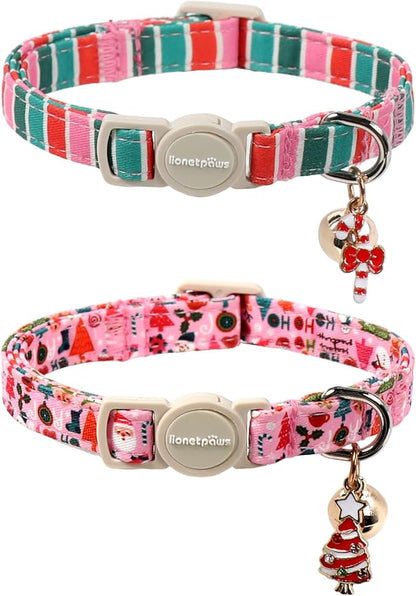 Lionet Paws 2pcs Pack Christmas Cat Collar,Ho Christmas Tree & Pink Stripes Cat Kitten Collars with Breakaway Buckle,Ideal for Girl Cats