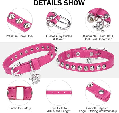 Leather Cat Collars for Boy Girl Cats with Bell and Safety Elastic Belt, Personalized Rivets Stud Adjustable Safe Buckle Collar with Skull Charm for Kitty Small Pets, Halloween Cat Collar