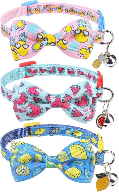 SCENEREAL Breakaway Cat Collar with Bell, 3 Pack Safety Adjustable Cat Collars with Pendant, Personalised Puppy Kitten Collar with Bow for Spring Summer Boys Girls, Pineapple & Lemon & Watermelon