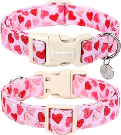 DOGWONG Valentine's Dog Collar - Pink Heart Adjustable Cotton Heart Dog Collar - Perfect for Small, Medium, Large Dogs