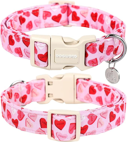 DOGWONG Valentine's Dog Collar - Pink Heart Adjustable Cotton Heart Dog Collar - Perfect for Small, Medium, Large Dogs