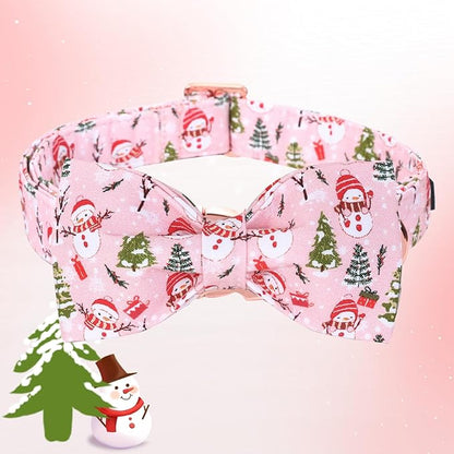 Christmas Dog Collar, Christmas Tree and Snowman Print Cute Winter Holiday Collars Cotton Adjustable Comfortable Pink Dog Collar with Bow,Stylish Collars for Medium Girl Dogs