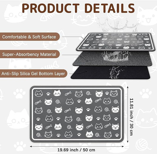 Dog Food Mat for Bowls, Absorbent Quick Dry Dog Cat Mats for Food and Water, Non-Slip Backing Pet Mat Pet Supplies - Cute Cat Pattern