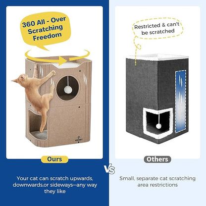Cat House for Indoor Cats, 2-Storey Cat Bed Cave, Felt Cat Hideaway Condo with Resistant Scratching Freedom Kitten Cube for Multicats Beige