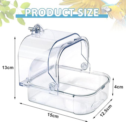 Bird Bath for Cage, Clear Birds Bathtub with Hanging Hooks, Upgraded Bird Bath Box for Cage Accessory Small Birds Parrots Cockatiel Budgies Shower Food Feeder Holder (Large)