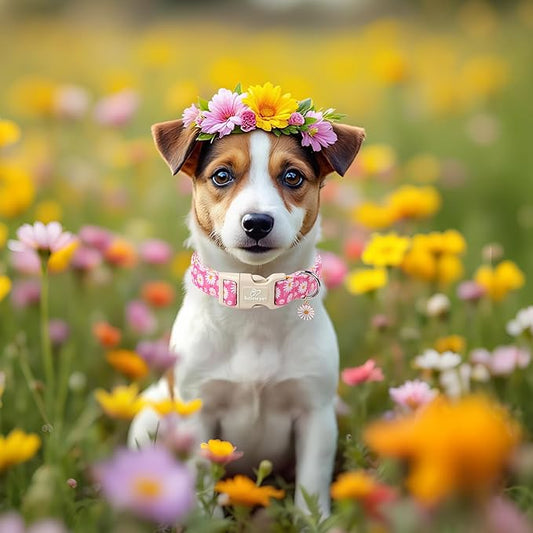 Summer Daisy Dog Collar, Cute Floral Adjustable Pink Dog Collars for Giant Large Dogs, Lightweight Quick-Release Buckle Collar for Boy&Girl Dogs XL