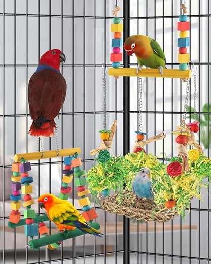 Bird Hammock Toys Parakeet Perches Swing, 3in1 Detachable Parrot Cage Accessories, Wooden Hanging Chew Toys for Medium Conure Cockatiel Quaker Lory