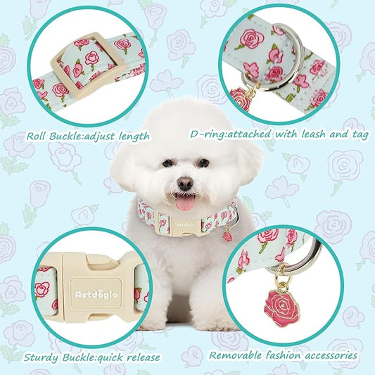 Dog Collar for Large Dogs, Spring &Summer Theme Blue Large Dog Collars with Pink Rose Pattern, Adjustable Puppy Dog Collars, Cute Girl or Boy Dog Collar Ideal for Gifts,Pet Accessory