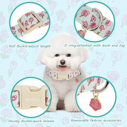 Dog Collar for Medium Dogs, Spring &Summer Theme Blue Medium Dog Collars with Pink Rose Pattern, Adjustable Puppy Dog Collars, Cute Girl or Boy Dog Collar Ideal for Gifts,Pet Accessory