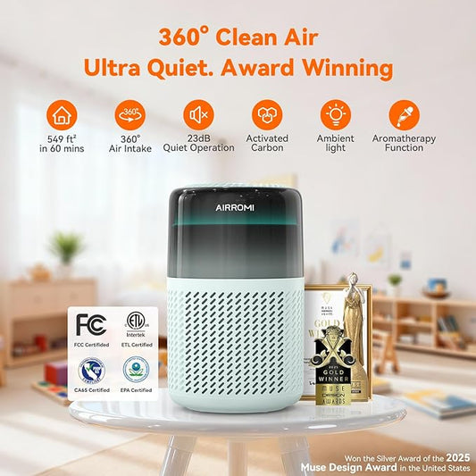 AIRROMI HEPA Air Purifier for Bedroom&Home,Pet Air Purifier for Home Pets,Removes Pet Odor,Cat Litter Smell,Dust,Smoke&Allergies,Quiet Room Air Purifier with Scents,360°Air Cleaner,A2005 Turquoise