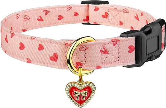 Cotton Handmade Dog Collar Cute and Distinctive Patterns Pink Heart with Pendant for Girl Boy Dogs Collars L